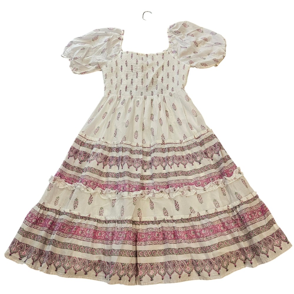 Wonderly Cotton Block Print Smocked Midi Dress Pink Green White Womens Large‎